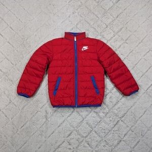 Nike Jacket Boys 5 Small Red Blue Trim Puffer Coat Quilted Insulated Full Zip